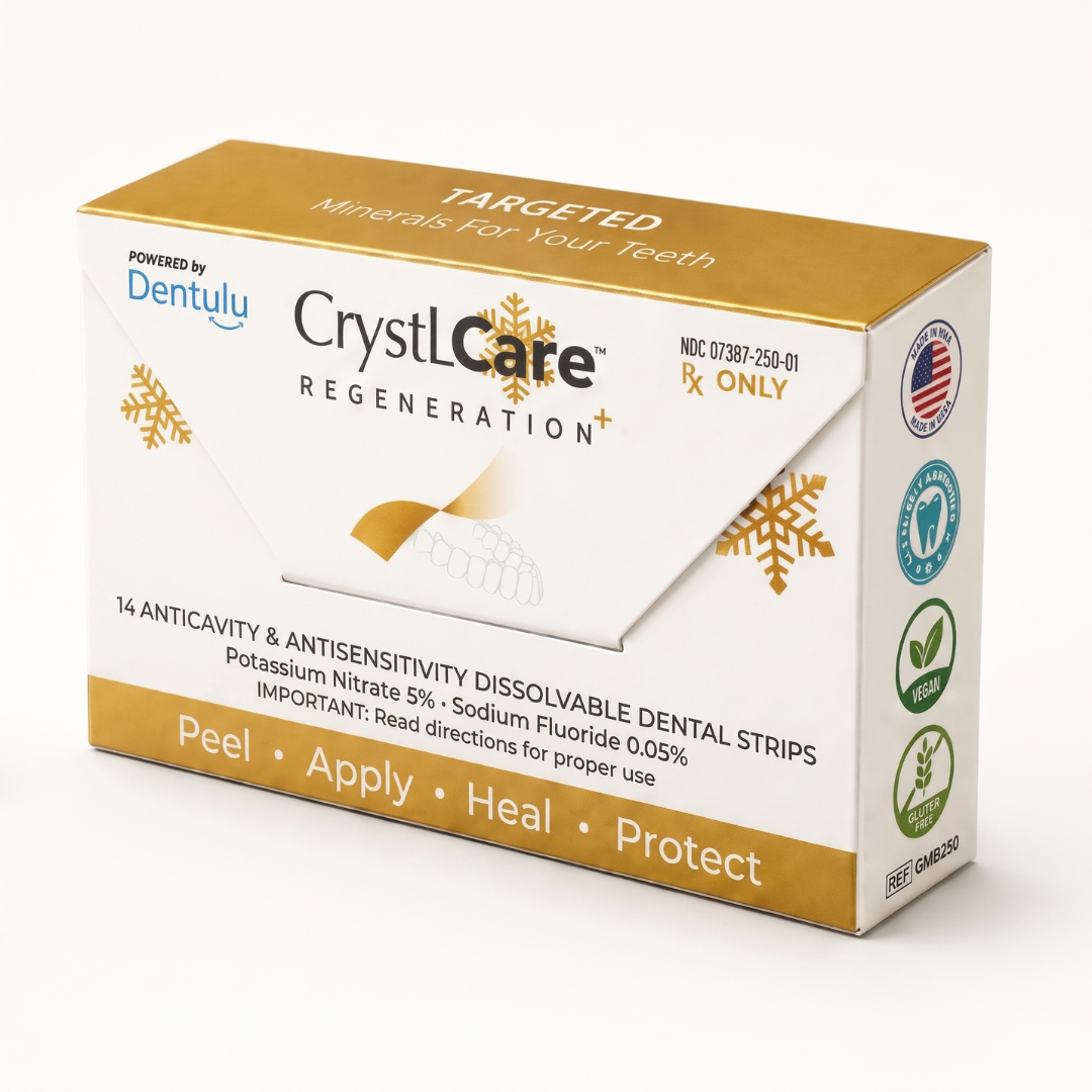 A box of CrystiCare Regeneration targeted dental strips, featuring a white and gold design with a tooth illustration and product details printed on the front and side.
