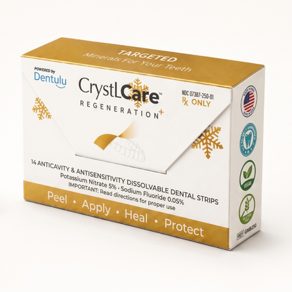 A box of CrystiCare Regeneration targeted dental strips, featuring a white and gold design with a tooth illustration and product details printed on the front and side.