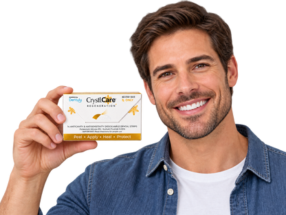 A smiling man in a denim shirt holds up a box of Dentally CrystCare Egeneration + on a clean white background.