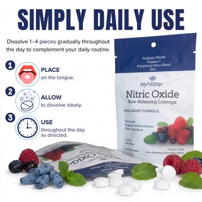 MyFillStrip Nitric Oxide slow-releasing lozenge pouch shown on a white background with usage instructions, loose white tablets, and fruit/berries. The image includes large text reading 'SIMPLY DAILY USE' and numbered steps for placement, dissolution, and use.