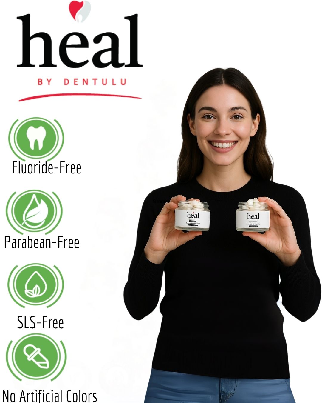 Woman holding two 'heal' by Dentulu products with brand features listed on a white background