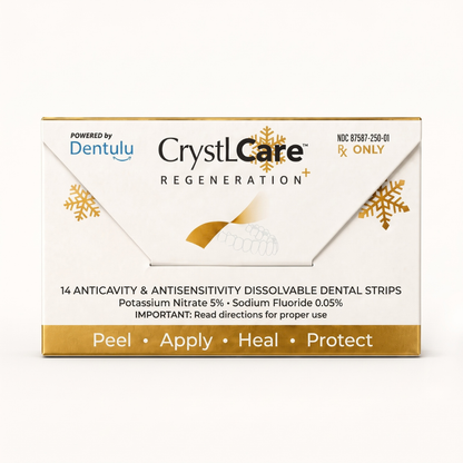 A box of CrystlCare Regeneration+ dissolvable dental strips by Dentulu, featuring a white and gold design with a V-shaped cutout window showing the strips inside.