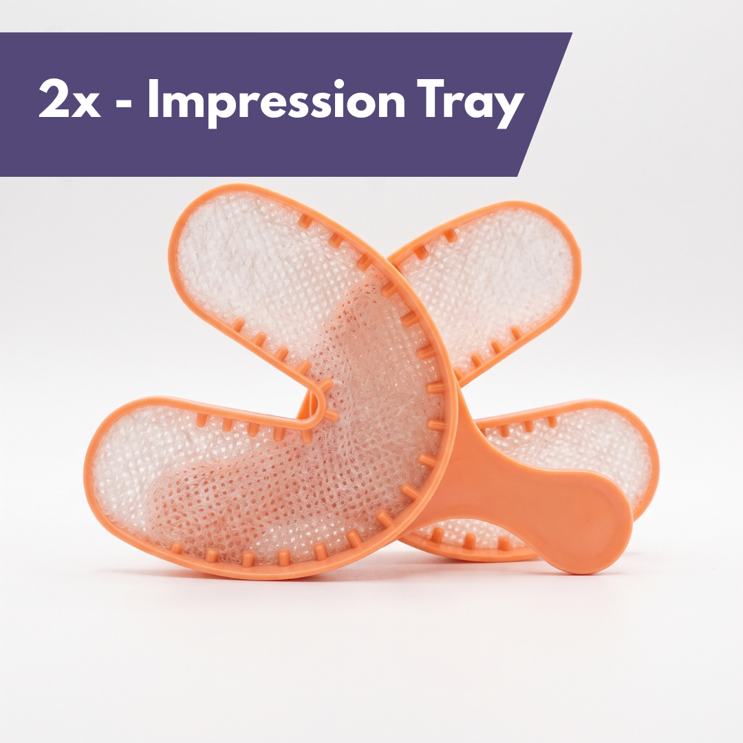 Two orange plastic dental impression trays with a mesh texture, displayed on a white background with a purple text banner at the top reading '2x - Impression Tray'.