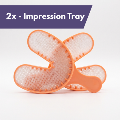Two orange plastic dental impression trays with a mesh texture, displayed on a white background with a purple text banner at the top reading '2x - Impression Tray'.