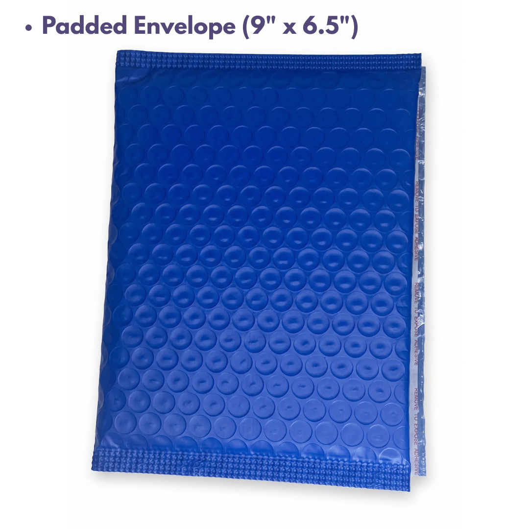 A blue padded bubble mailer envelope with a textured bubble pattern, shown on a white background with text reading 'Padded Envelope (9" x 6.5")' at the top.