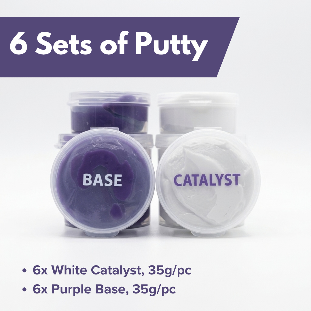 Six sets of dental mixing putty components, including purple base and white catalyst, shown in round plastic jars on a white background with text overlays.
