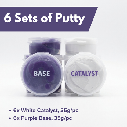 Six sets of dental mixing putty components, including purple base and white catalyst, shown in round plastic jars on a white background with text overlays.