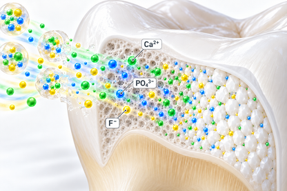 3D medical illustration of a human molar tooth cross-section showing dental plaque buildup and labeled ions Ca2+, PO4 3-, and F-.