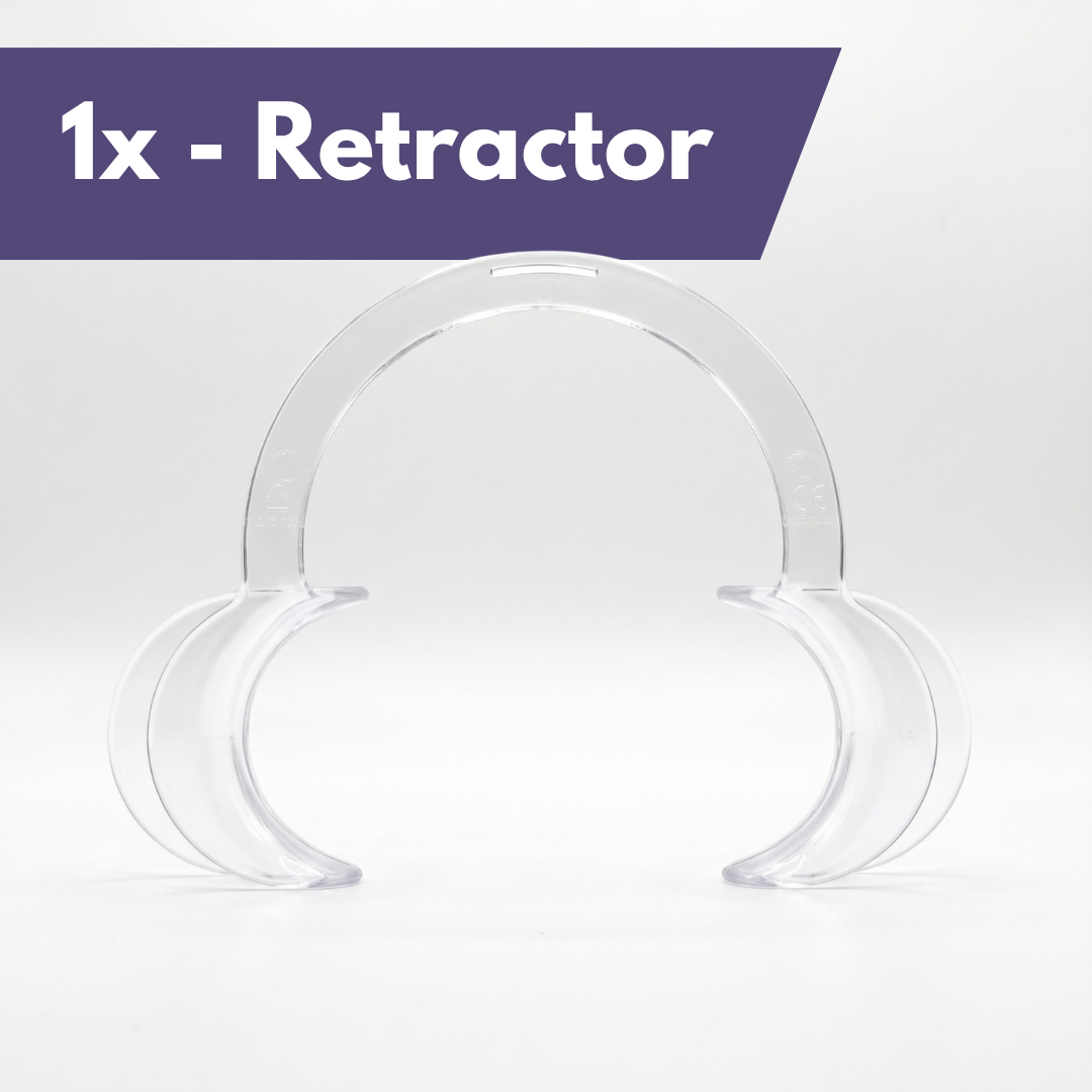 A clear plastic dental retainer retractor stand shown on a light gray background with a purple banner at the top reading '1x - Retractor'.