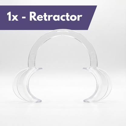 A clear plastic dental retainer retractor stand shown on a light gray background with a purple banner at the top reading '1x - Retractor'.