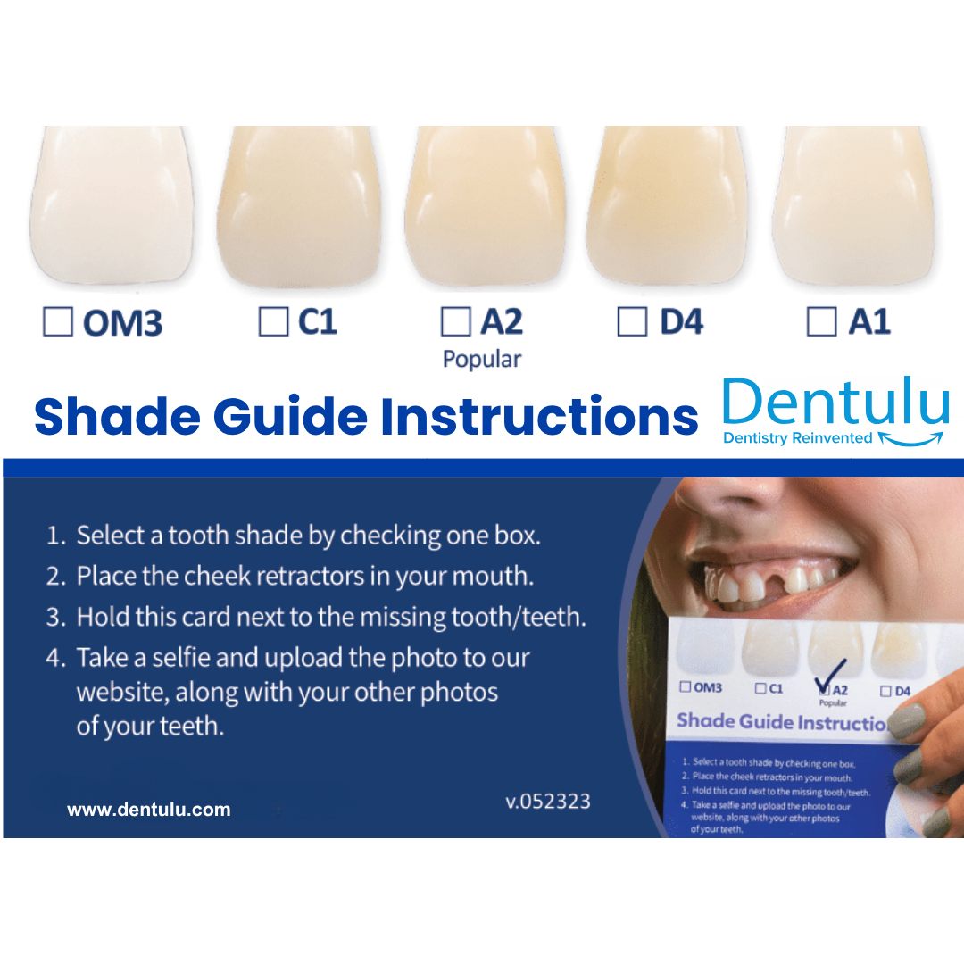Dentulu Shade Guide Instruction card showing tooth color options OM3, C1, A2, D4, and A1, with five tooth swatches at the top, step-by-step instructions, and a small photo of a smiling person holding the card.