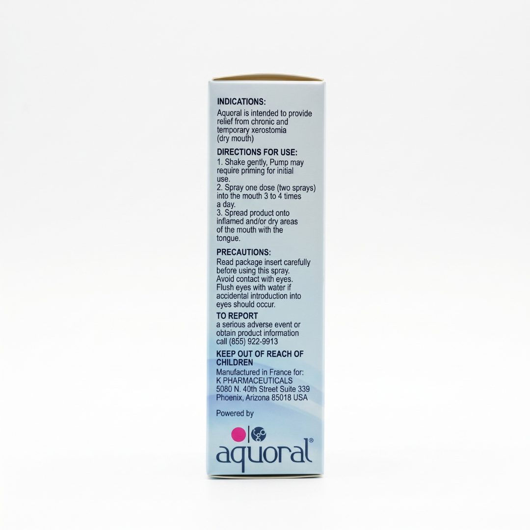 The back of a white and light blue box for Aqural oral verumse spray, showing usage instructions and precautions on a white background.