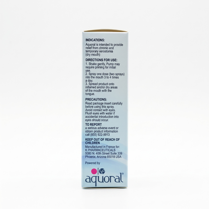 The back of a white and light blue box for Aqural oral verumse spray, showing usage instructions and precautions on a white background.