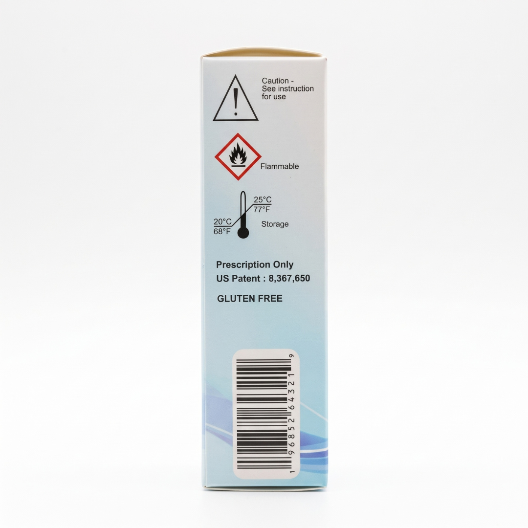 The back of a tall rectangular product box shown upright on a white background. The box has warning labels, temperature information, a barcode, and text including 'Caution - See instruction for use', 'Flammable', 'Prescription Only', 'US Patent: 8,367,650', and 'GLUTEN FREE'.