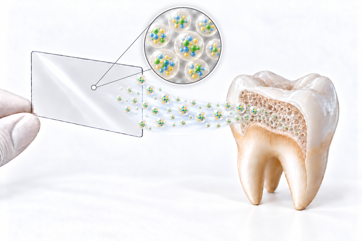 A clear rectangular sample card held by a gloved hand, with small multicolored particles shown traveling from the card toward a detailed model of a human molar. A circular inset above the tooth shows microscopic cells or droplets in green, yellow, and blue.