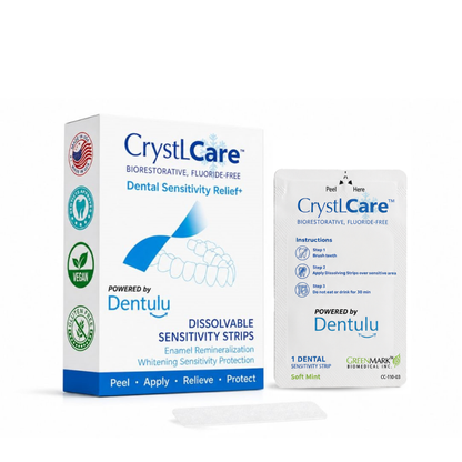 Dentulu CrystiCare Dental Sensitivity Relief strips shown with their retail box and an individual packet on a clean white background.