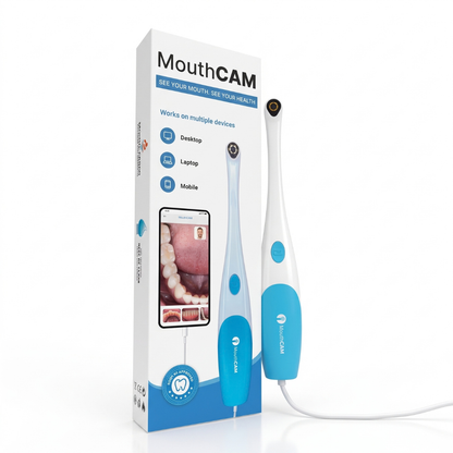 MouthCAM oral health device shown next to its retail box on a clean white background. The handheld device is white with a bright blue handle and a small black camera lens at the tip.