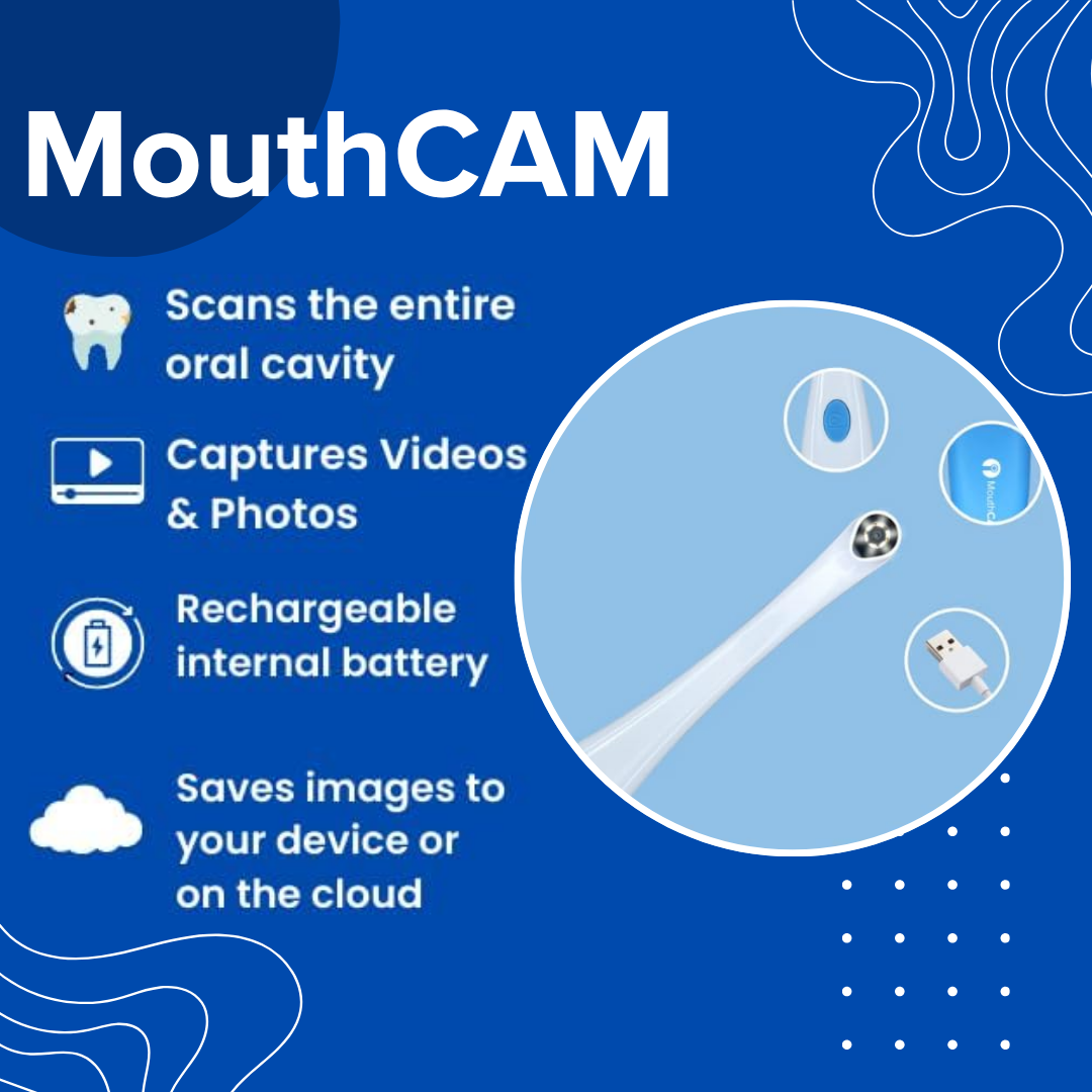 Promotional graphic for the MouthCAM oral cavity scanner. The blue graphic features text listing key features like scanning the entire oral cavity, capturing videos and photos, a rechargeable internal battery, and saving images to a device or cloud.