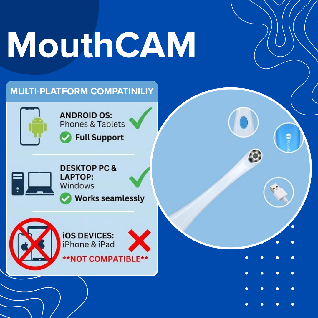 Promotional graphic for the MouthCAM digital dental capture device, showing compatibility details for Android and Windows desktop platforms, excluding iOS devices, alongside a circular close-up of the white and black camera tip.