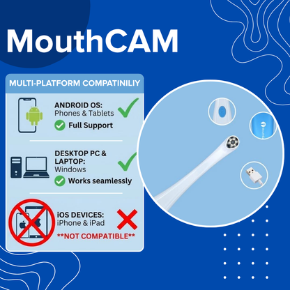 Promotional graphic for the MouthCAM digital dental capture device, showing compatibility details for Android and Windows desktop platforms, excluding iOS devices, alongside a circular close-up of the white and black camera tip.