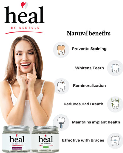 Advertisement for 'heal by Dentulu' dental product showing a woman with a happy expression and listed benefits.