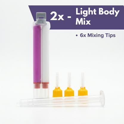 A light body mix kit showing a dual-cylinder syringe filled with purple and white cream, three small yellow-capped mixing tips, and a clear syringe tube on a white background with a purple text banner reading '2x - Light Body Mix' and '6x Mixing Tips'.