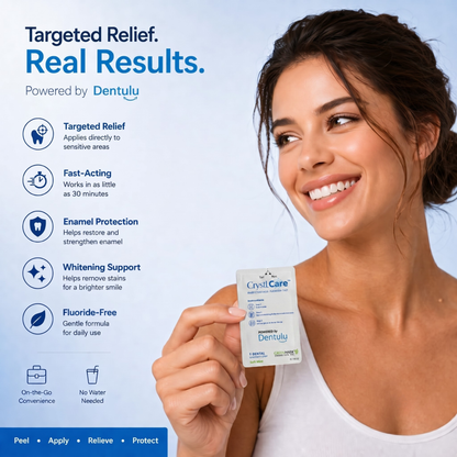 A smiling woman holds a small white dental relief card labeled CrystalCare and Dentulu against a light blue promotional background with feature callouts.